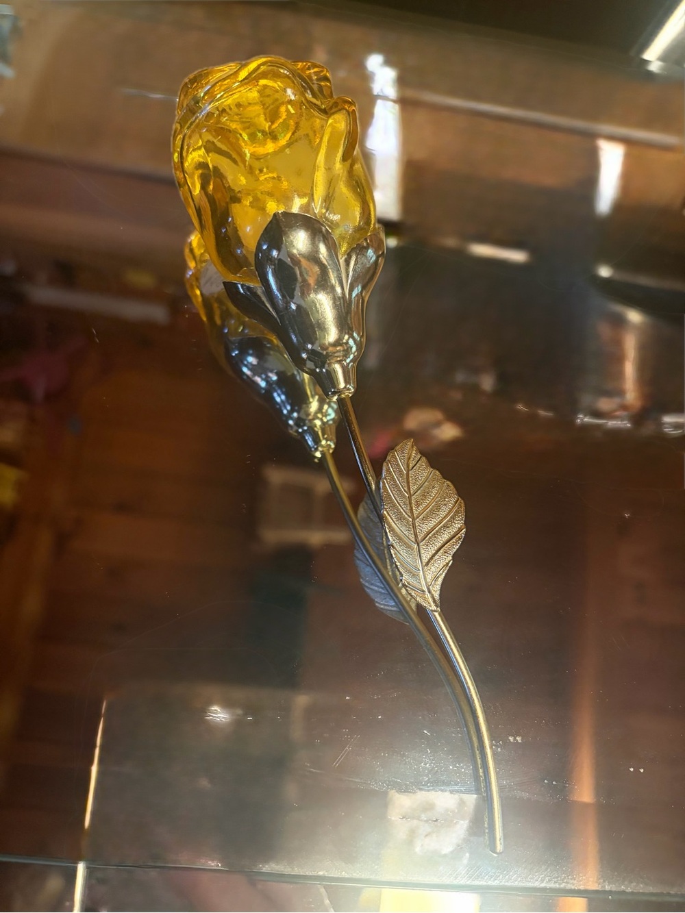 Avon Amber Glass Rose with Gold Stem